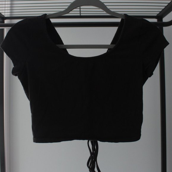 Ambiance Apparel Black Crop Top with Lace Up Back - Picture 1 of 4